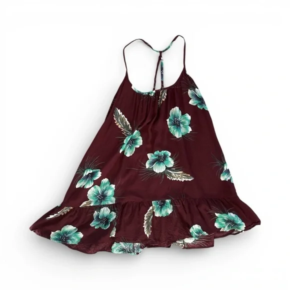 Volcom Burgundy Dress with Teal Tropical Floral Flowers Size Small Beach Luau - Picture 1 of 6